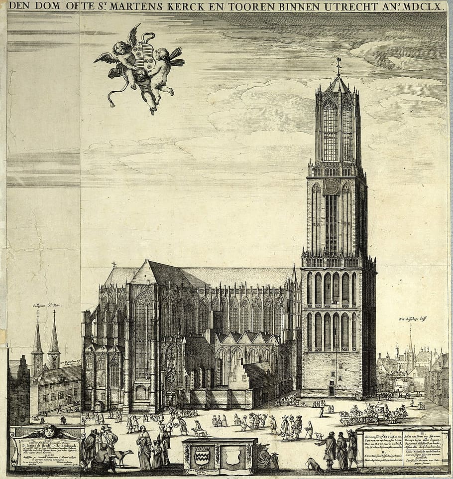 colapso, nave, catedral de utrecht, holanda, 1660, catedral, desenho, histórico, imagem, domínio público