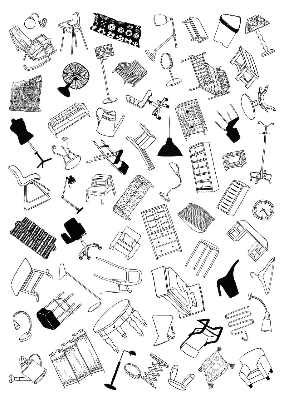 assorted item illustration, Pattern, Ikea, Furniture, Decor, black, drawing, business, equipment, plan