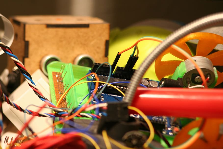 arduino, colorful, plastic, close-up, large group of objects, cable, connection, selective focus, multi colored, technology