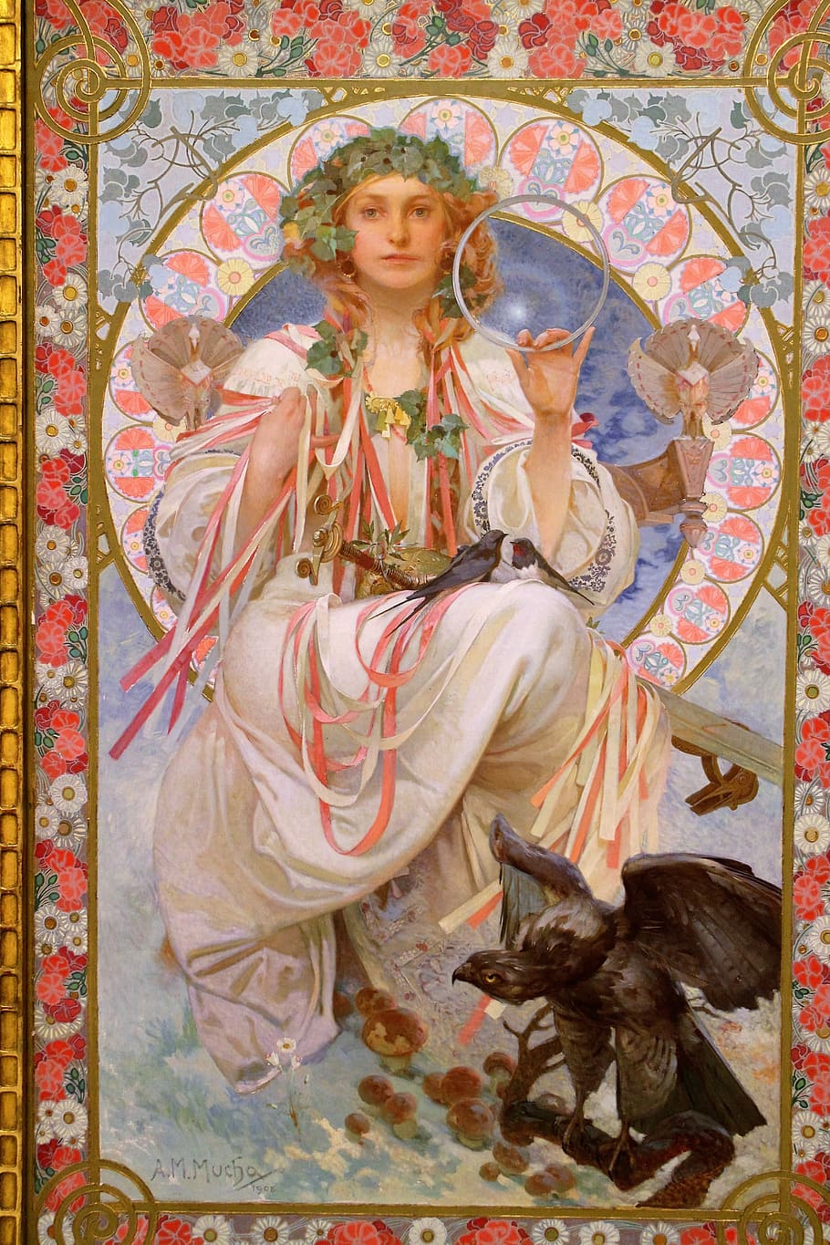 woman, wearing, dress painting, Prague, Art Nouveau, Mucha, Glass, visual Art, arts And Entertainment, people