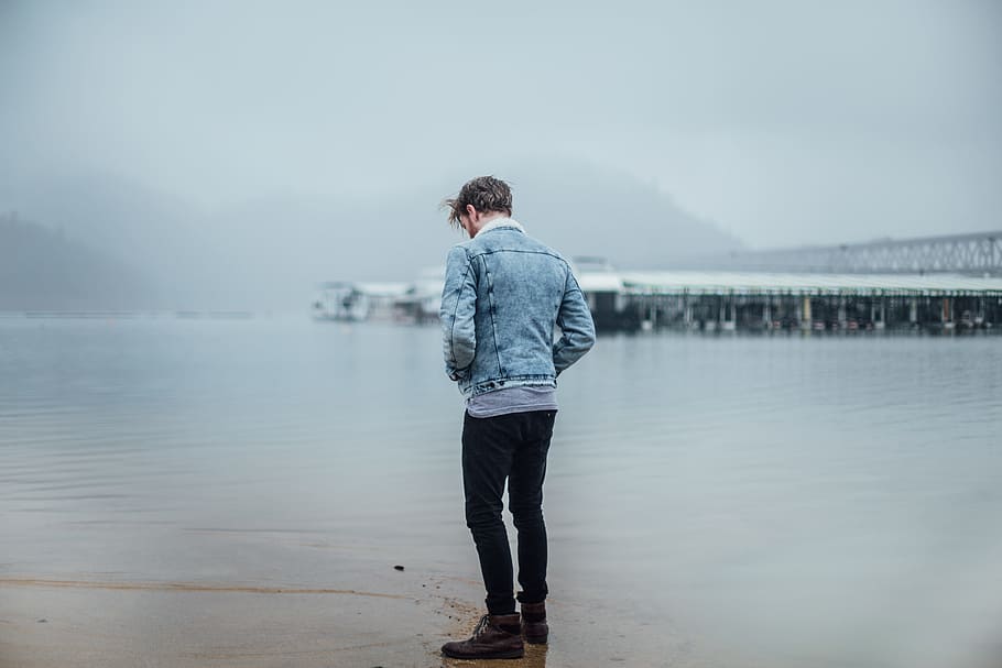 man, standing, wet, ground, facing, sea, guy, male, people, back