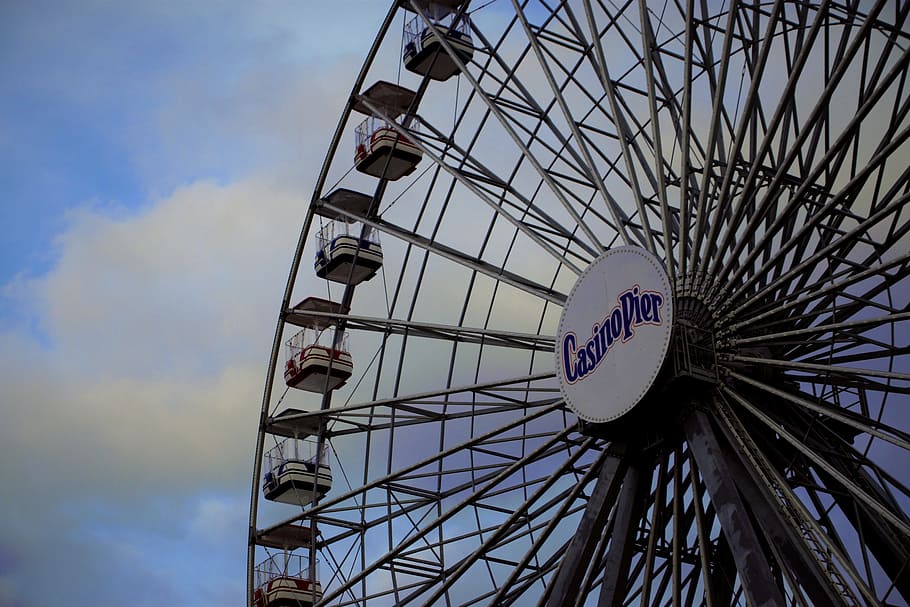 casino pier, ferris wheel, seaside, amusement park, landmark, ferris, wheel, entertainment, sky, amusement park ride