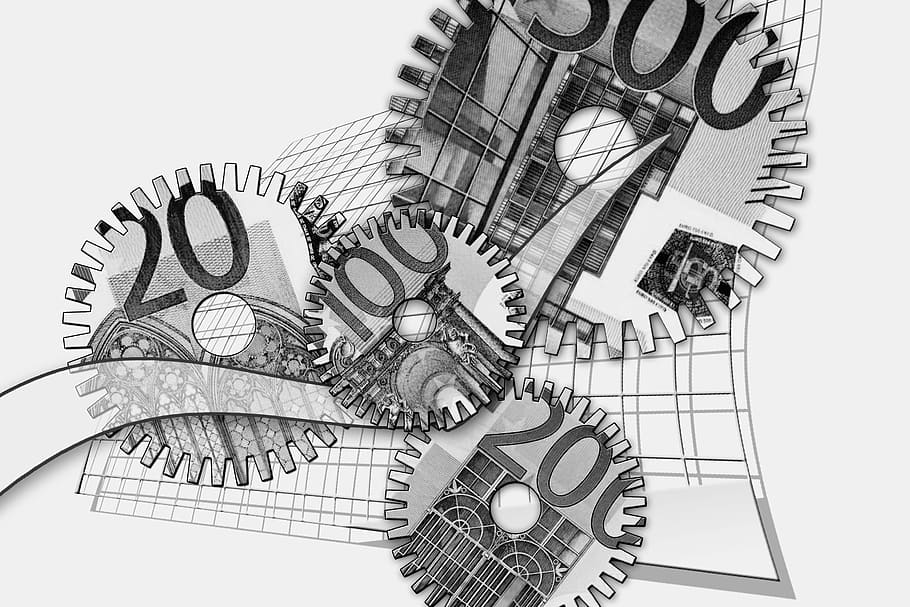 gray, white, illustration, numbers, gears, euro, forex, dollar, finance, financial crisis