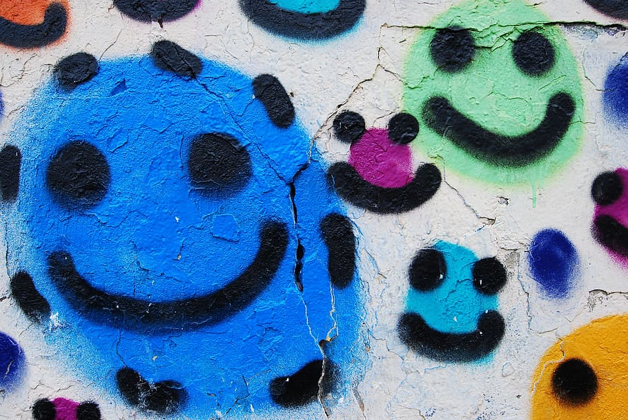 street art, urban art, smilies, smiley, emoticon, wall, hamburg, sprayer, multi colored, full frame
