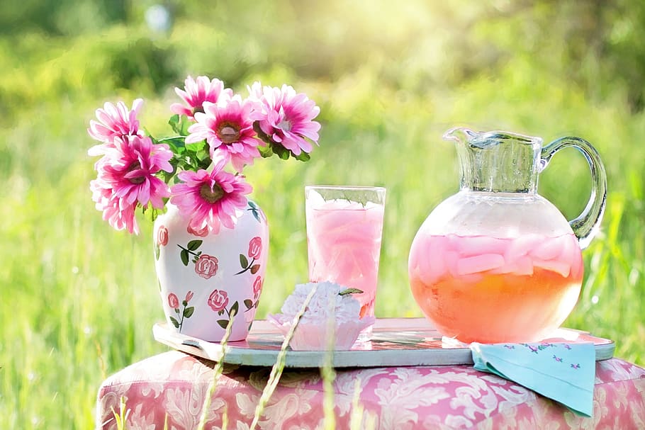 clear, glass, pitcher, juice, full, pink, flowers, vase, table, pink lemonade