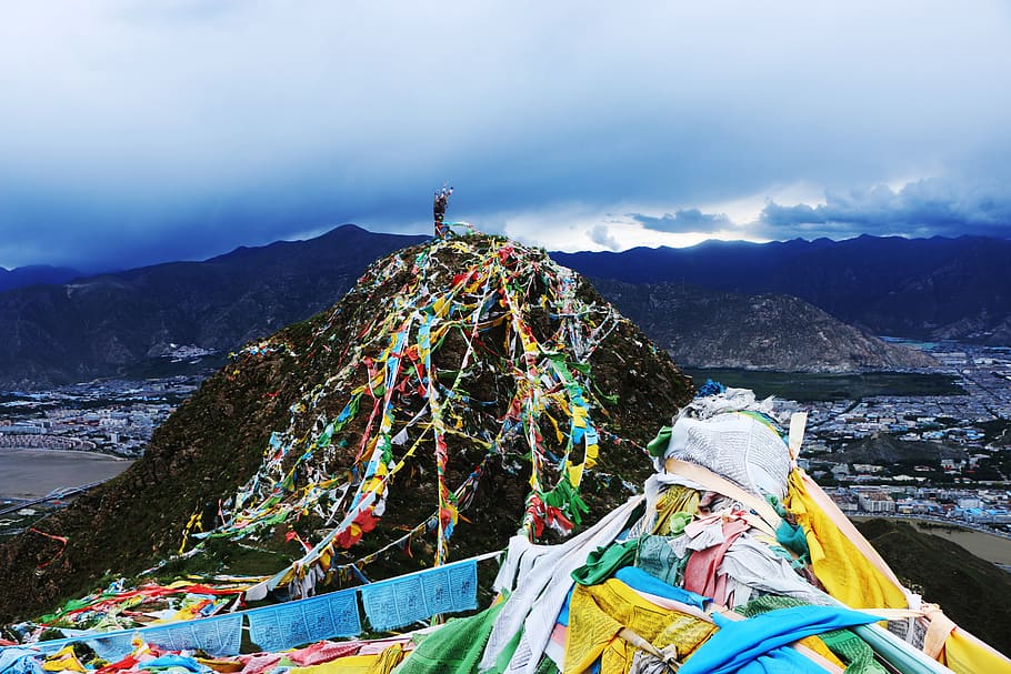 china, lhasa, mountain, color prayer flags, sky, cloud - sky, nature, mountain range, water, beauty in nature