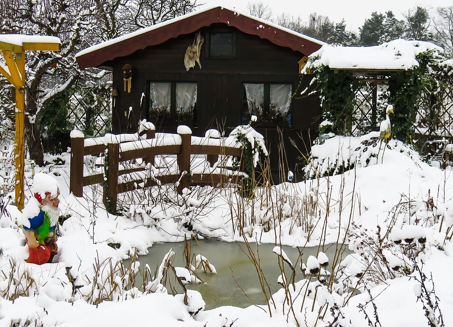 Winter, Snow, Wintry, Dwarf, Pond, Ice, frozen, garden, bridge, hut