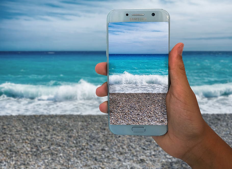 telefone celular, mar, mão, smartphone, tecnologia, água, oceano, viagem, verão, férias
