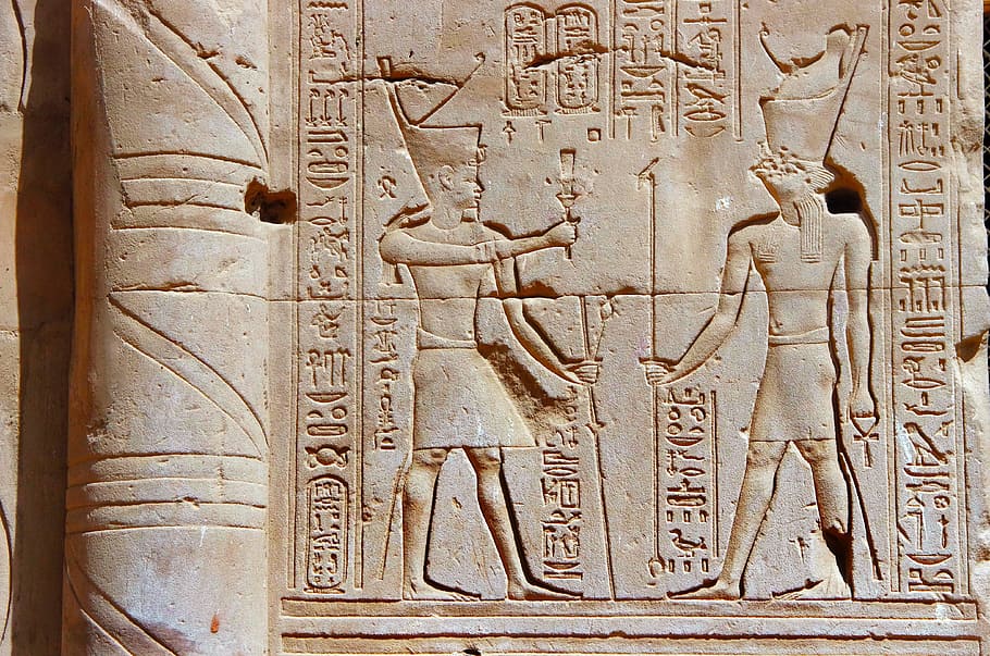 dos, faraón, esculpido, hormigón, superficie, durante el día, egipto, edfu, templo, grabado