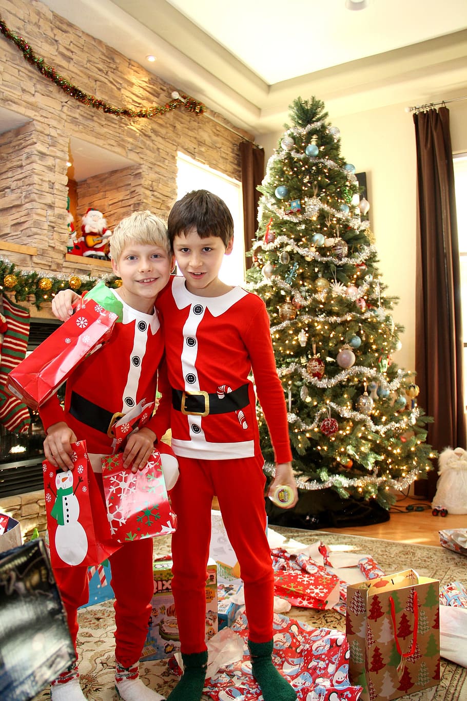 two, boys, standing, next, christmas, inside, room, daytime, holiday, happy