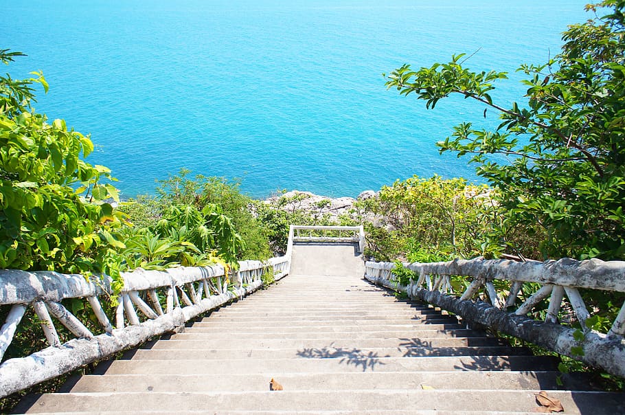 stairs, sea, blue, nature, water, stone, view, steps, direction, the way forward