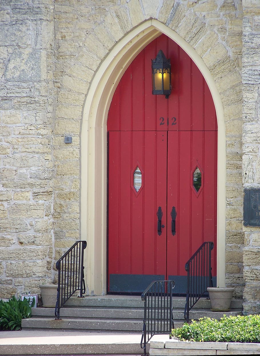 door, red, church, stonework, masonry, entrance, open, front, doorway, exterior