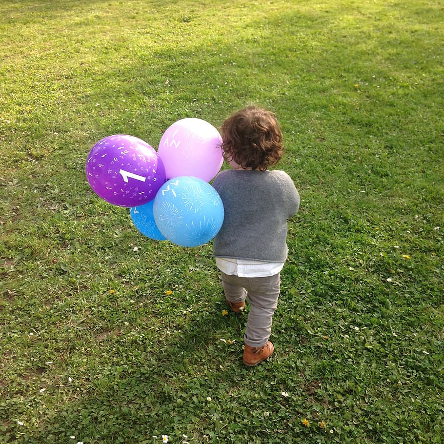 niño, tenencia, globos de colores variados, caminar, verde, campo de hierba, durante el día, pelota, color, otoño