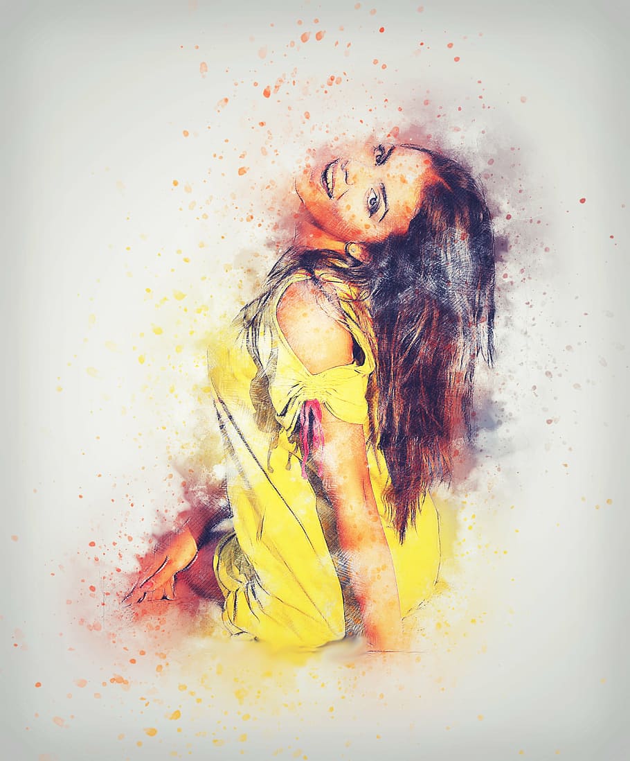 woman, art, abstract, dress, yellow, vintage, girl, beauty, emotion, watercolor