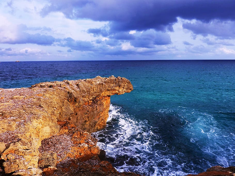brown, rock formation, ocean photography, rock of ages, nature, sky, blue, mediterranean, mallorca, holiday