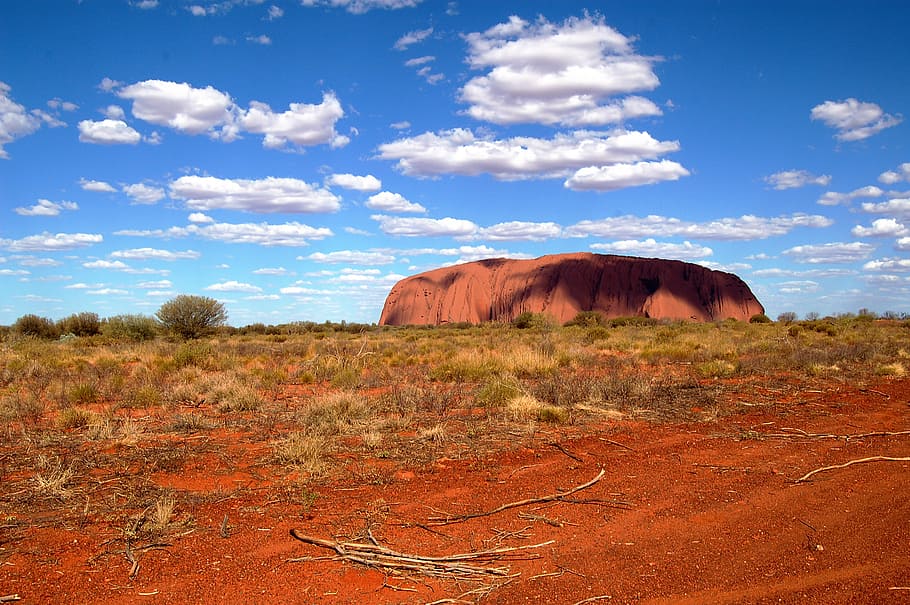 brown, rock formation, white, cloudy, sky, daytime, ayers rock, uluru, outback, australia