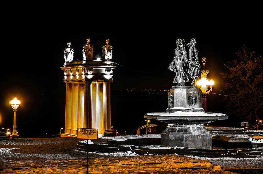 statue, light post, dark, night, architecture, structure, fountain, lights, snow, winter