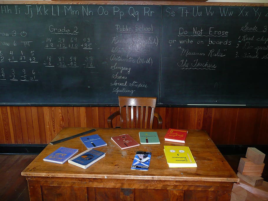 titled, book, table, chalkboard, steinbach, mennonite heritage, village, manitoba, canada, teacher desk