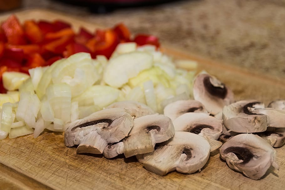chopped, onions, mushroom, red, paprika, organic, broach, vegetable, green feeds, dinner