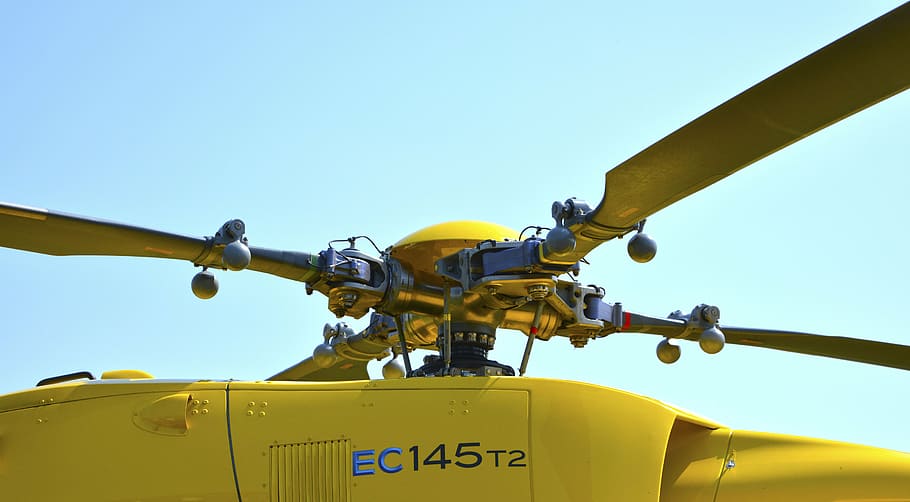yellow, ec, 145, t2, helicopter, blades, vehicle, transportation, travel, adventure