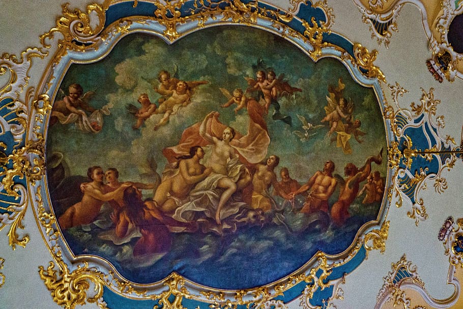 blanket, ceiling painting, ornament, art, ballroom, painting, castle, the rococo hall, hall, art and craft