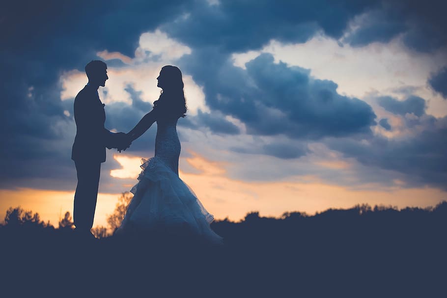 silhouette photo woman, man, holding, hands, silhouette, wedding, couples, grass, cloud, sky