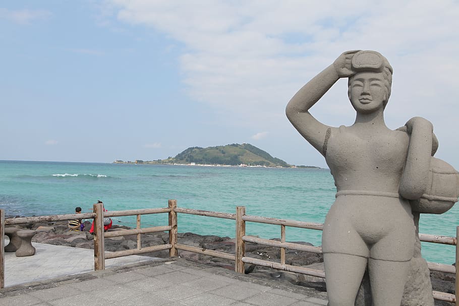 stone statue, sun maid, non-transferability, korea, republic of korea, jeju island beach, beach, jeju, nature, vacation