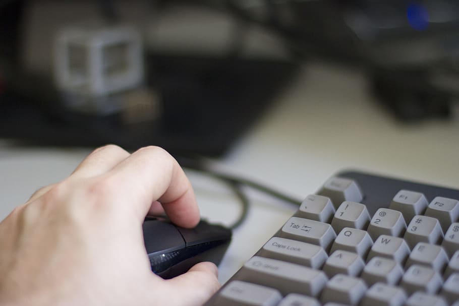 person, using, optical, mouse, keyboard, hand, computer, workplace, human hand, human body part