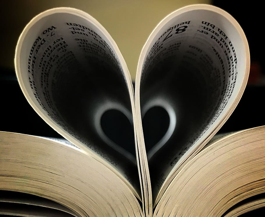 hati, buku, alkitab, cinta tuhan, renungan, kitab suci, Book, publikasi, bentuk hati, halaman