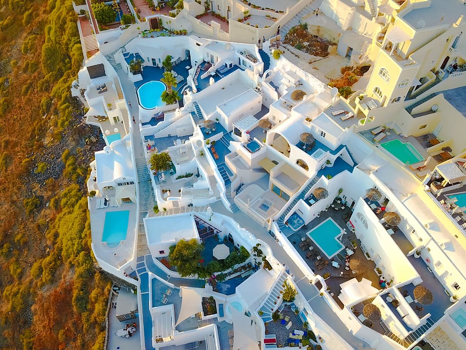 santorini greece, aerial, view, santorini, drone, greece, pool, holidays, holiday, summer