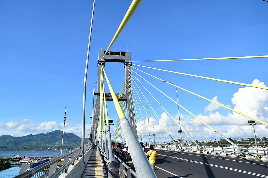 blue sky, manado, cable-stayed bridge, sky, transportation, nature, day, architecture, connection, cloud - sky