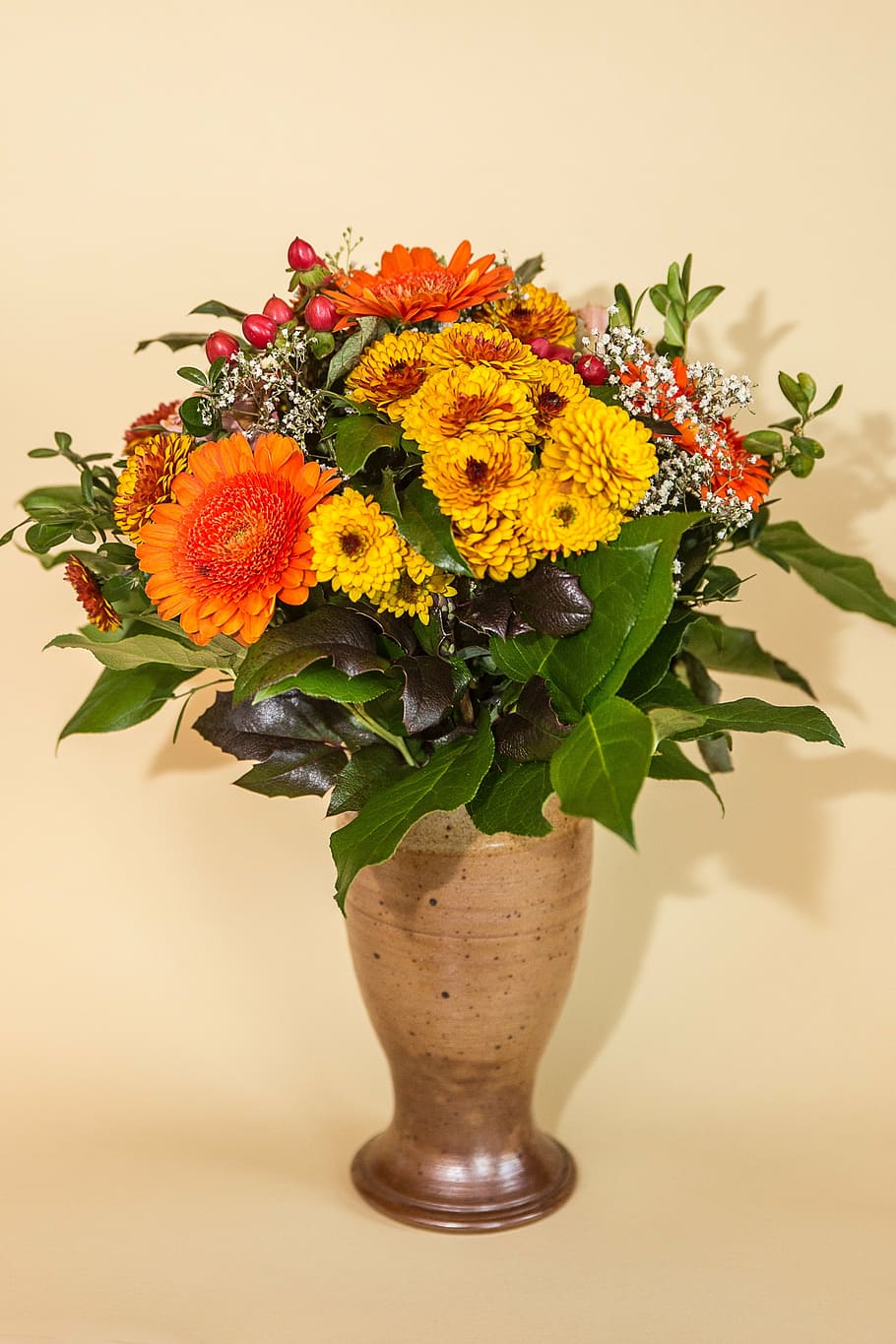 yellow, orange, petaled flowers, vase, flowers, bouquet, blossom, bloom, plant, garden
