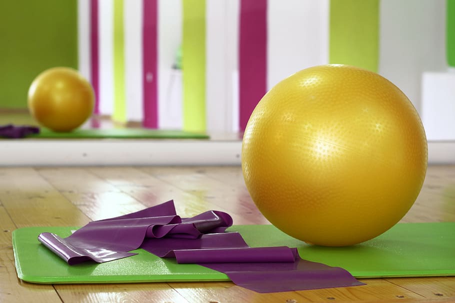 round, yellow, gym ball, green, yoga mat, workout, ball, pilates ...