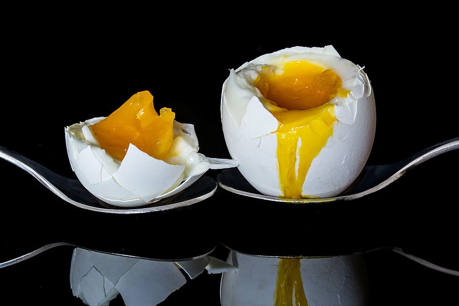 two, poultry eggs, spoon, egg, bisected egg, boiled egg, yolk, egg yolk, protein, leaking yolk