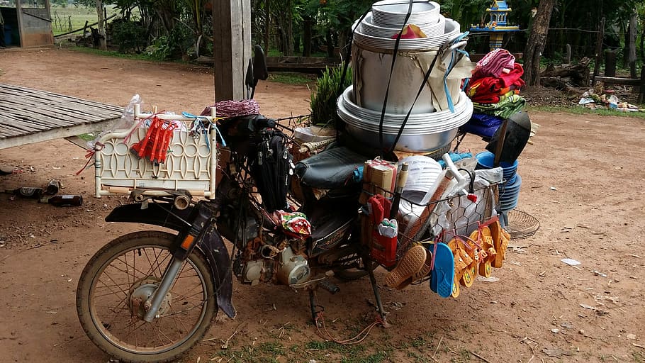 laos, motorcycle, asia, transport, southeast, motorbike, store, carry, shopping, sell