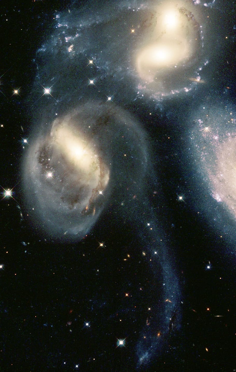 impresión de galaxias, cúmulos estelares, stephans, quinteto, cósmico, colisiones, polvo, cosmos, espacio, universo