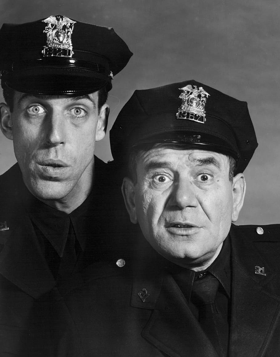 two policeman portraits, fred gwynne, police officers, joe e ross, actors, television, sitcom, 50's, 60's, series