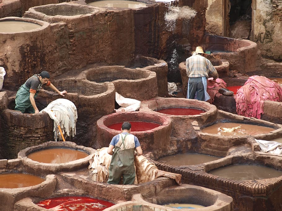 tannery, leather, tanning, labor, workers, fez, medina, morocco, africa, ancient