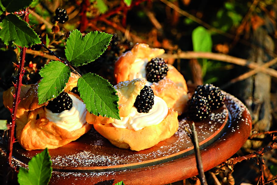 cream puff, berries, blackberries, cream, baked goods, sweet, bake, pastries, choux pastry, sugar