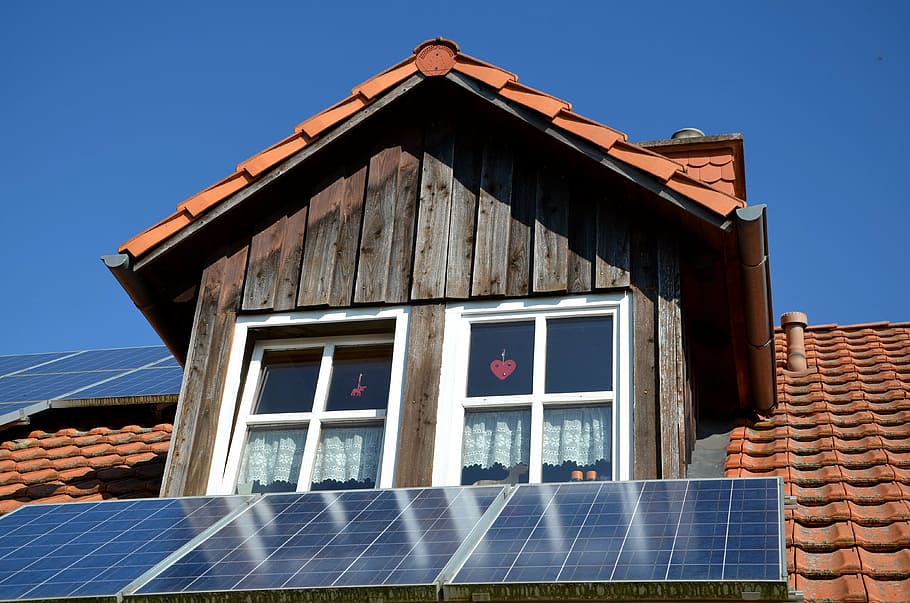 low, angle photo, solar, panels, house, blue, sky, photovoltaic, home, roof