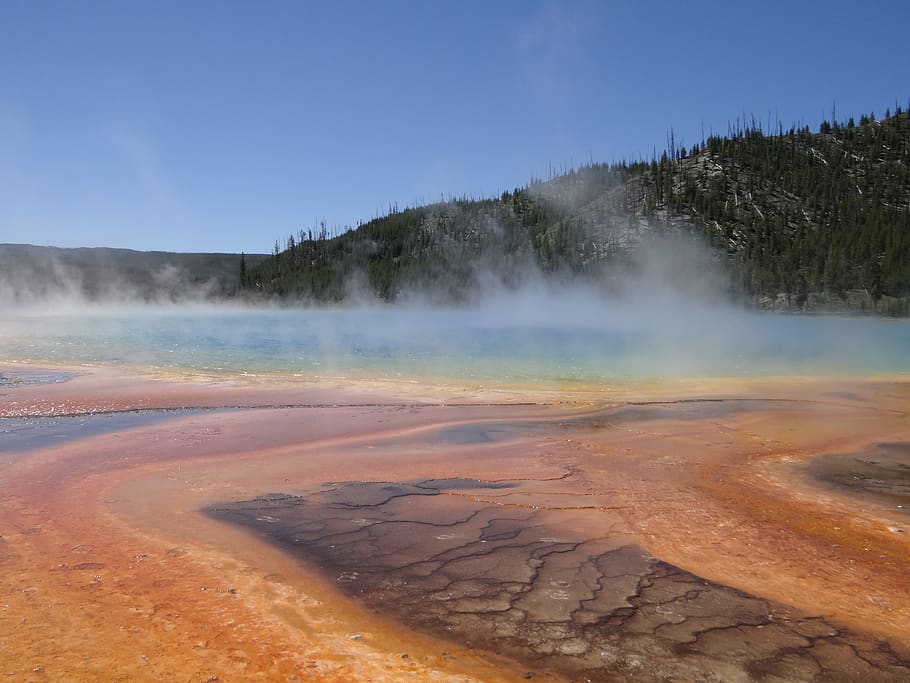 yellowstone, usa, yellowstone national park, grand prismatic spring, color, volcanism, thermal spring, national park, minerals, hot