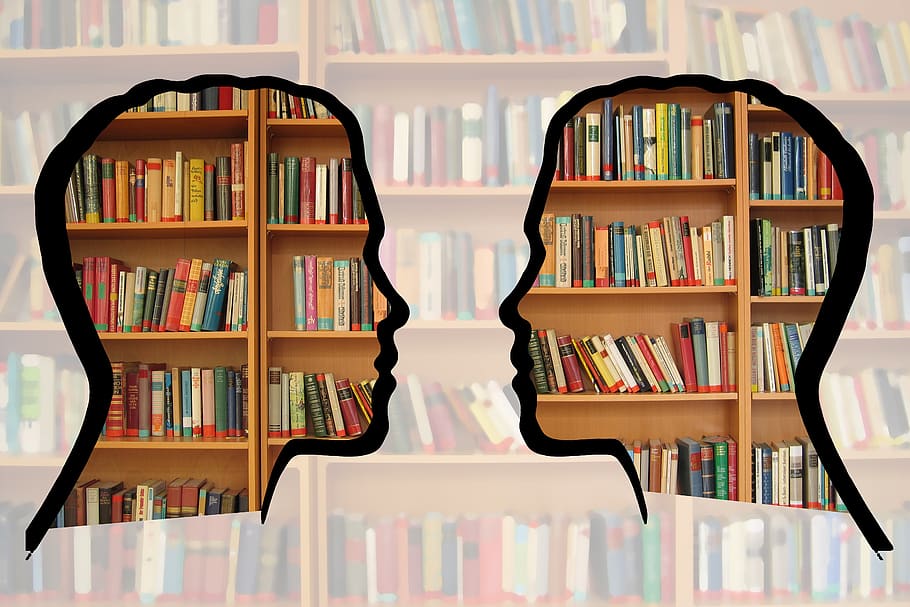 silhouette, head, bookshelf, knowledge, information, collected, library, lexicon, saved, shelf
