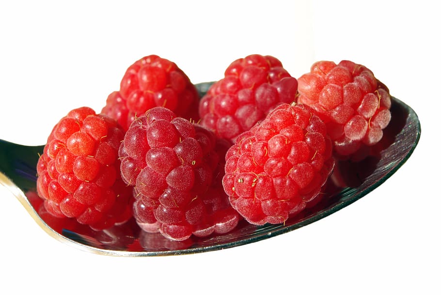 raspberry on spoon, raspberries, fruit, spoon, eat, dessert, fruits, berries, garden, red