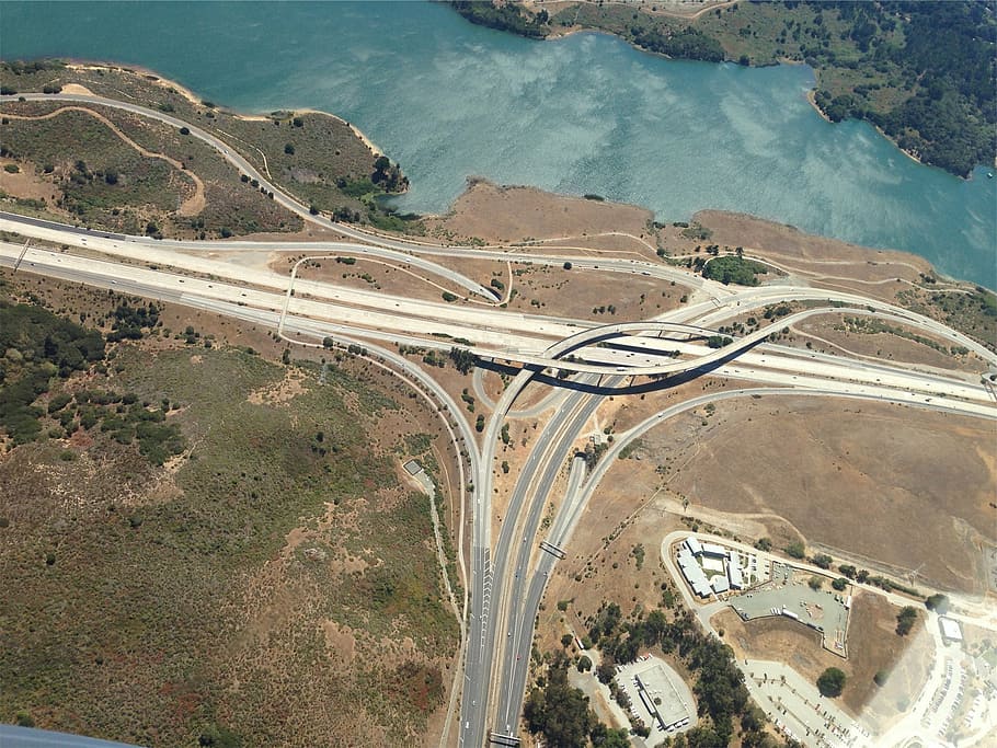 aerial, photography, brown, concrete, road, body, water, bird, s, eye