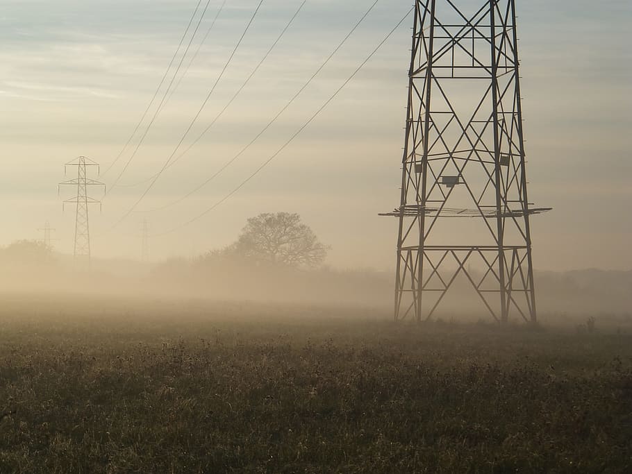 foggy, field, transmission towers, power poles, overhead cable, overhead line, electrical towers, utility poles, electricity, mist