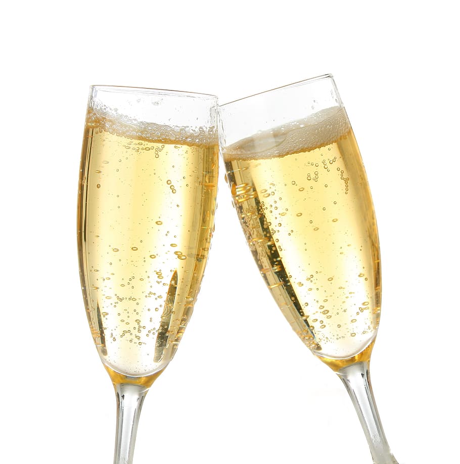 dos, claro, copas de champaña, champán, brindisi, fondo blanco, celebración, prosecco, fiesta, burbujas