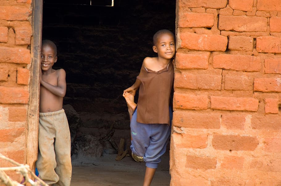 two, boys, doorway, kenya, africa, children, cute, smiling, standing, buildings