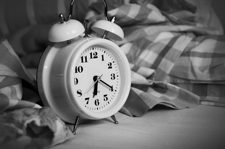 grey, scale photo, alarm clock, stand up, time of, sleep, bed, wake up, time indicating, ring the bell