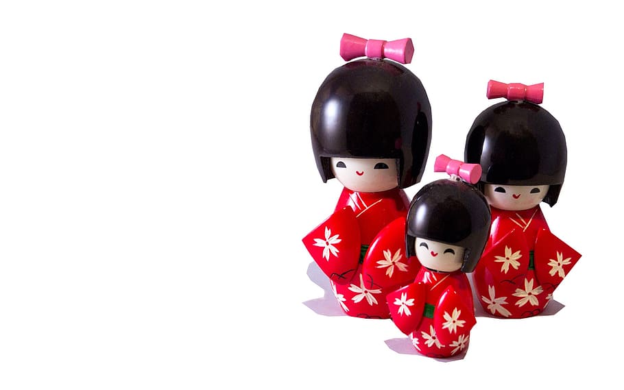 tiga, patung-patung wanita jepang, boneka jepang, cut out, jepang, boneka, kokeshi, asia, gadis, dekorasi