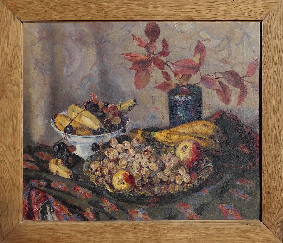 still life, fruit basket, painting, frame, indoors, art and craft, container, wall - building feature, paintings, wood - material